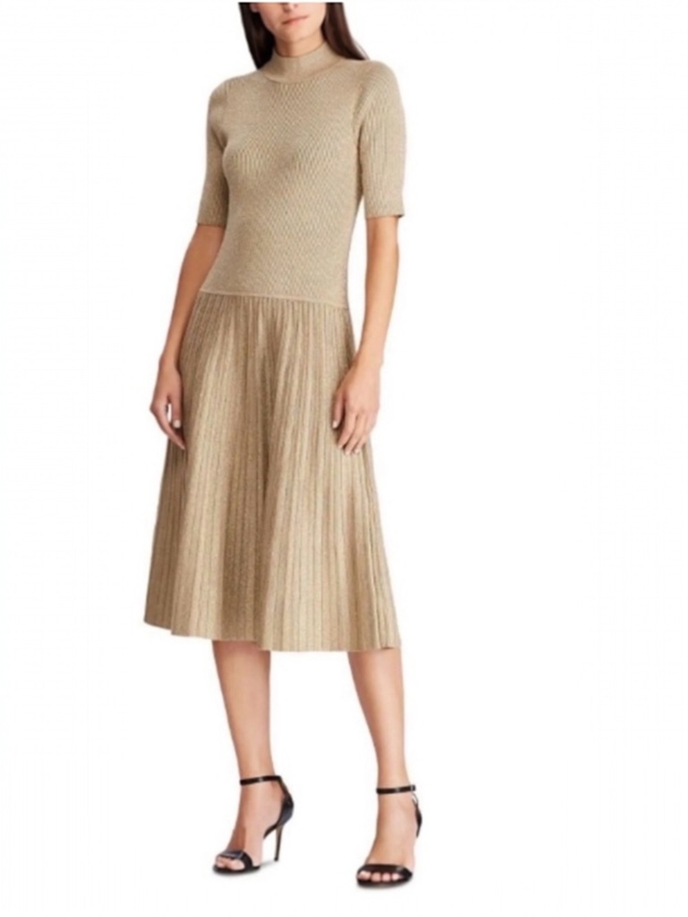 LAUREN RALH LAUREN Metallic Gold Knit Pleated Midi Dress Petite‎ Small PS Mock